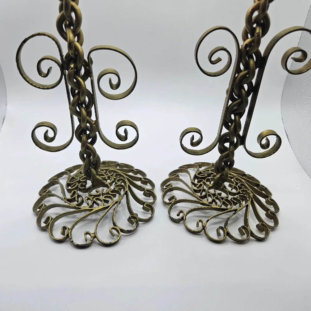 Vintage Wrought Iron Candle Holders Pair Ornate Gold Tone Metal‎ Candlesticks